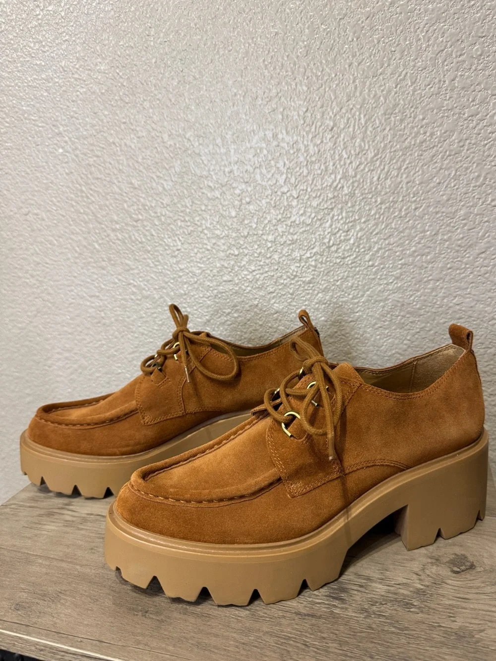 Sam Edelman Monna Cognac Suede Lug Sole Platform Oxford Shoes Size 9